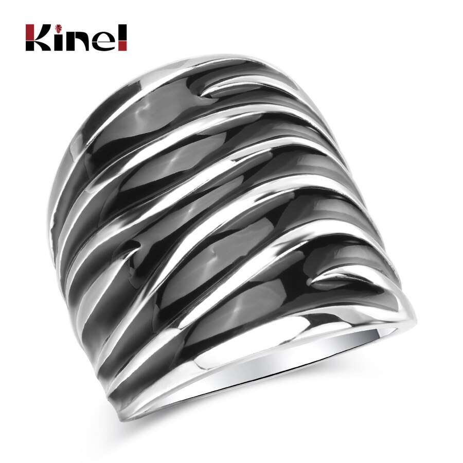 Kinel Unique Punk Rock Black Enamel Big Ring Wave Pattern Silver Color Women Jewelry