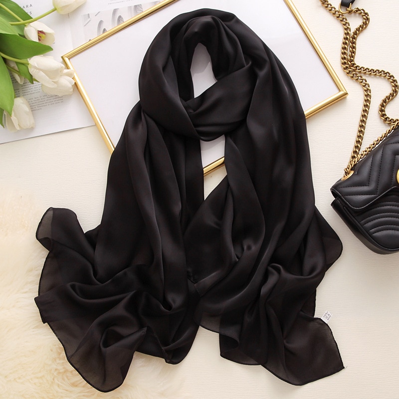 Châle en Polyester pour Femme noir | Écharpe Hijab solide, belle écharpe d'été en soie, châles et enveloppes longs de plage en mousseline