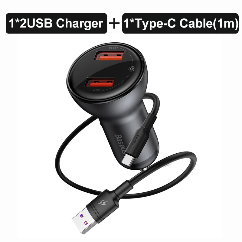 Baseus Metalen 45W Dual Usb Car Charger Voor Iphone 11 Samsung S9 Mobiele Telefoon Oplader Voor Xiaomi Auto Telefoon lader Led Display: 2USB Gray kit