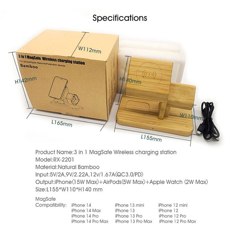 Bamboo 3 in 1 iPhone Wireless Charging Station 15W Charger Stand Dock for iPhone 14/13/12/11 iWatch se7/6/5/4 Airpods 4/3/2