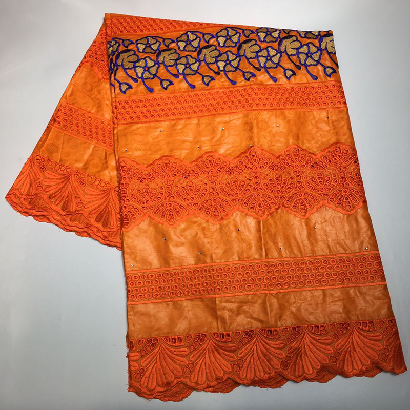 Model African European American style Bazin Riche Getzner Fabric With Embroidery and Diamond sewing materials for clothing: Apricot