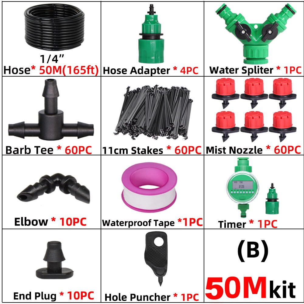50M Smart Garden Watering System 4/7mm Hose Adjustable Dropper Kit Plant Self Automatic Watering Timer Micro Drip Irrigation Set: BX50M-Timer