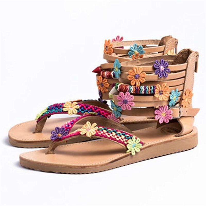Zomerbloemen sandalen bohemian gladiator leren sandalen platte schoenen zomerschoenen dames open teen sandalen vrouwen: 38