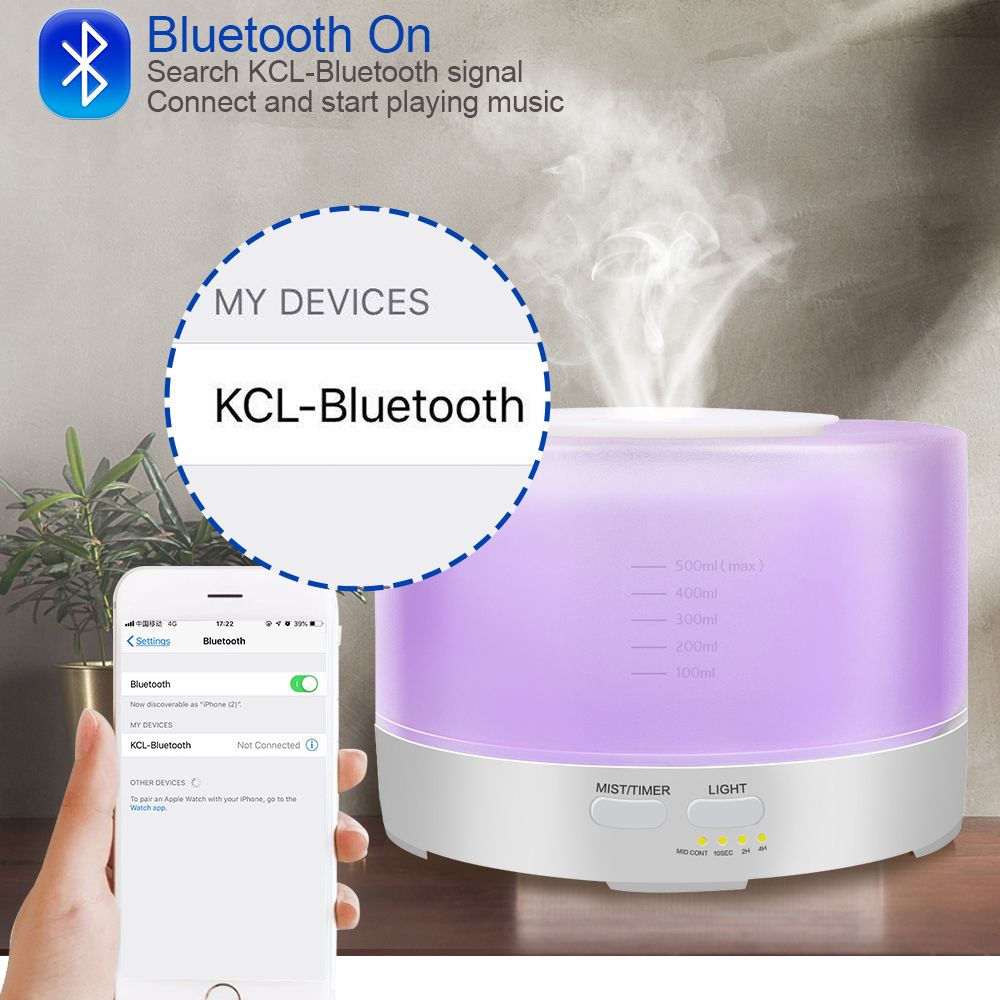 Difusor de Aroma para el hogar, Humidificador ultrasónico con luz LED que cambia de color, música, Bluetooth, 500ML, 12W