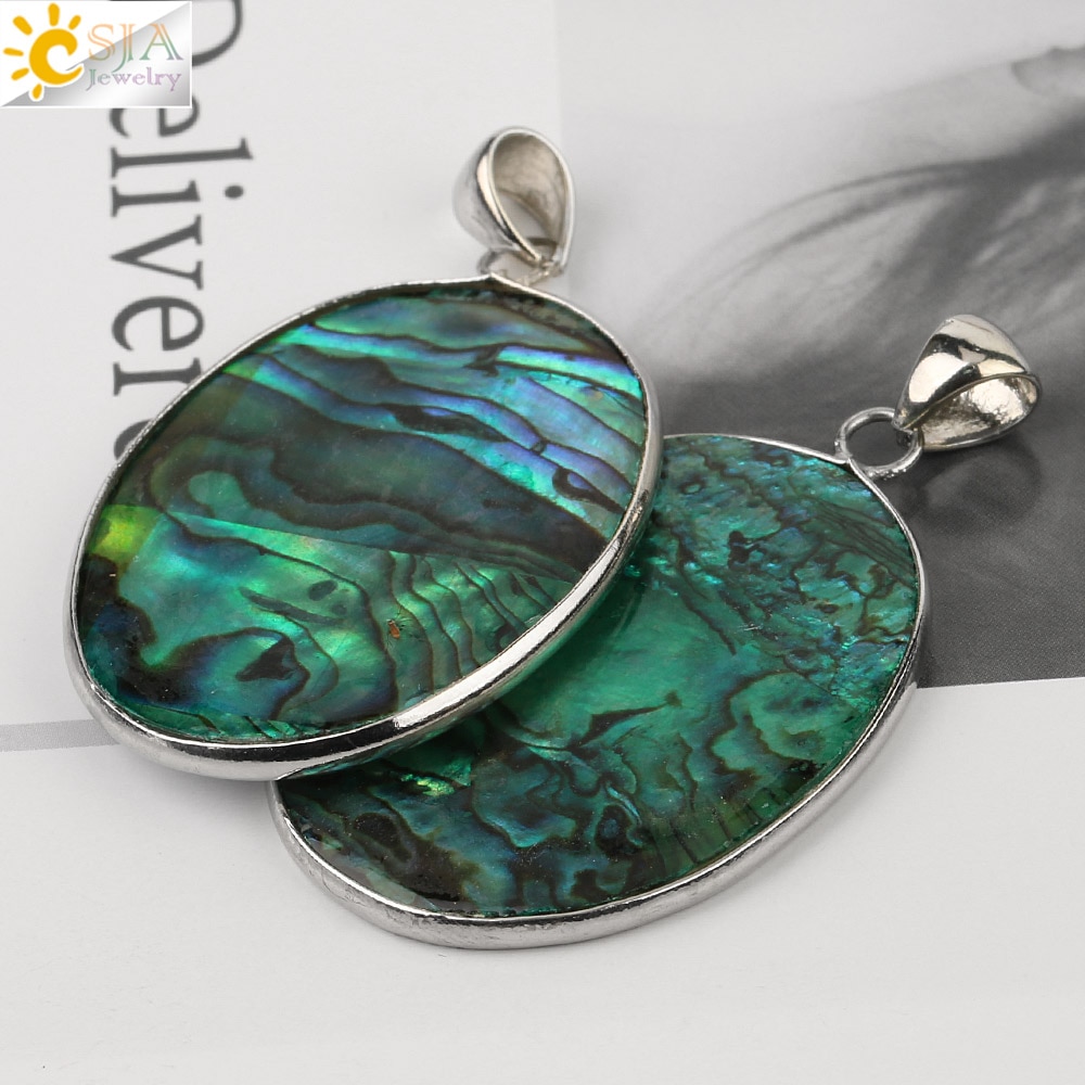 CSJA Verde Ovale cavalla Borsette Ciondolo Paua abalone Borsette Tallone Piatto di colore Argento Pendenti con gemme e perle Collana per le Donne di Fascino Dei Monili Semplice g230