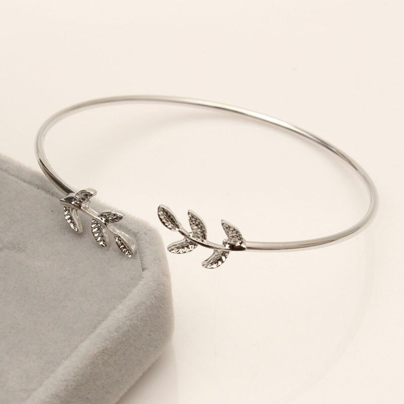 Leaf Bangle, Vintage Open Adjustable Feather Charm Bracelets For Women, Sweet Jewelry,: Silver