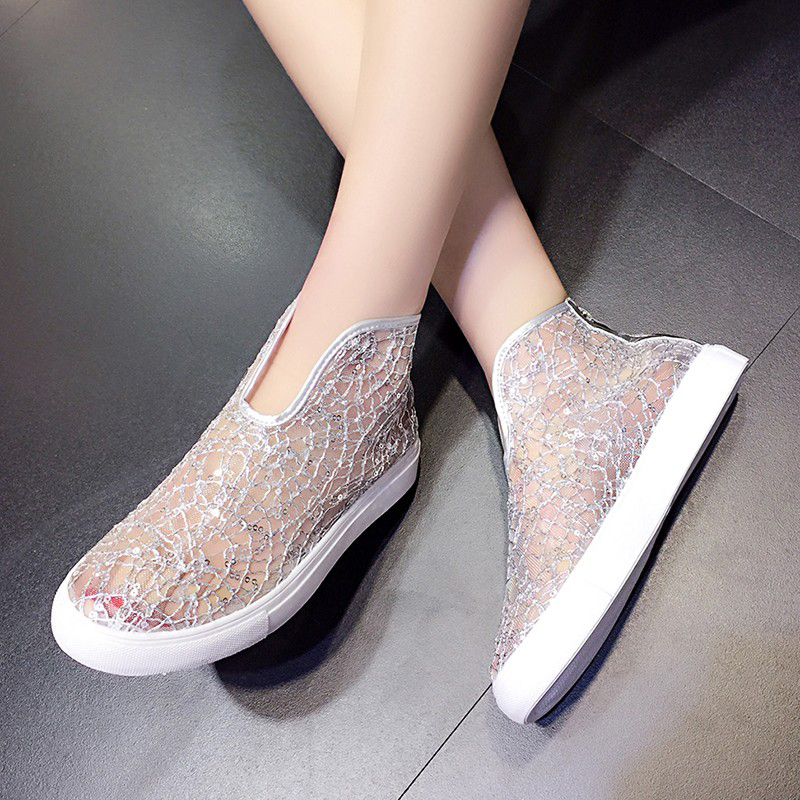 Women Gladiator Sandals Breathable Mesh Flat Sandals For Women Summer Silvery/Black Lace Beach Sandal Ladies Shoes