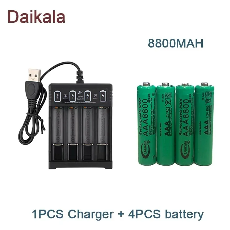 Batería alcalina AAA de 1,2 V, 8800mAh, linterna, juguete, reloj, reproductor de MP3, batería de níquel-hidrógeno de repuesto, + cargador: Azul