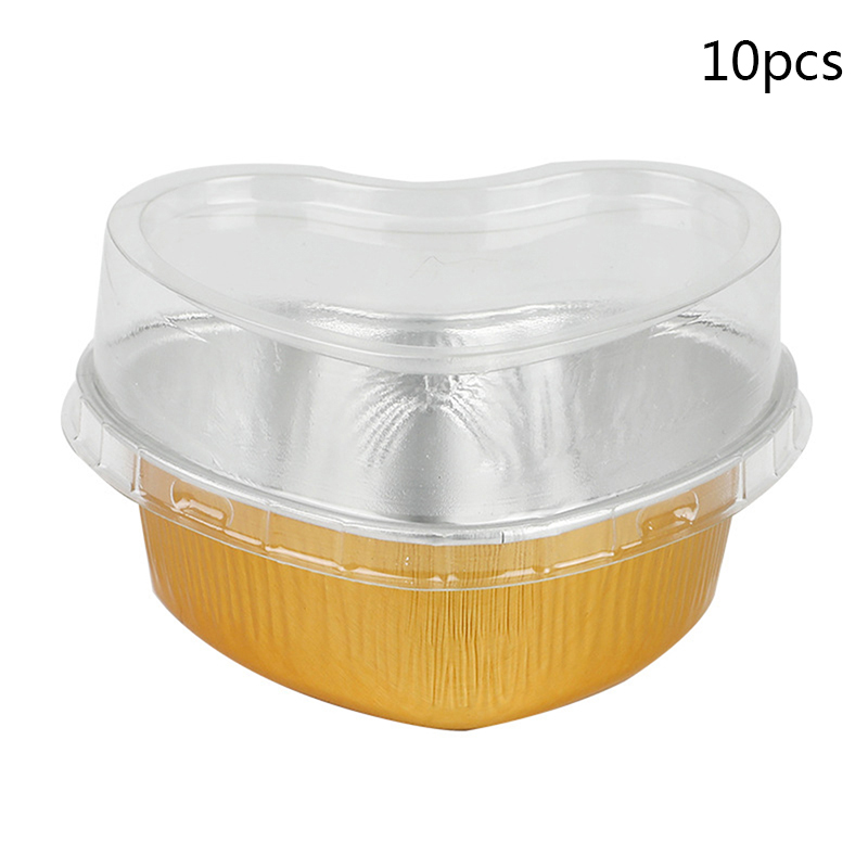 10Pcs Aluminum Foil Cake Pan Heart Shaped Cupcake Cup with Lids 3.4 Ounces Love Cake Cup Tin Foil Paper Cup Oven Cupcake Tool: 1