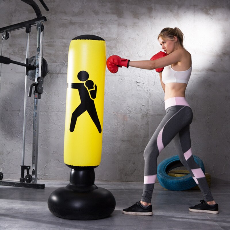 Inflatable Boxing Bag PVC Thickened Vertical Box Pillar Tumbler Fight Column Fitness Tool Decompression Inflatable Punching Bag: yellow