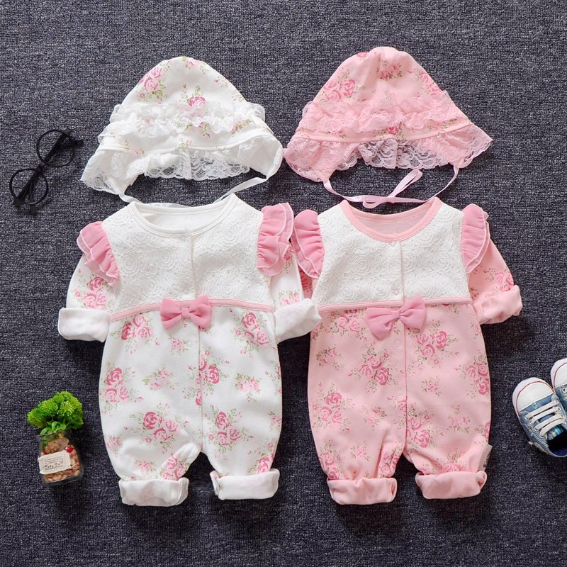 Vêtements de printemps pour -né fille, barboteuse en dentelle florale + chapeaux, ensembles de vêtements de princesse