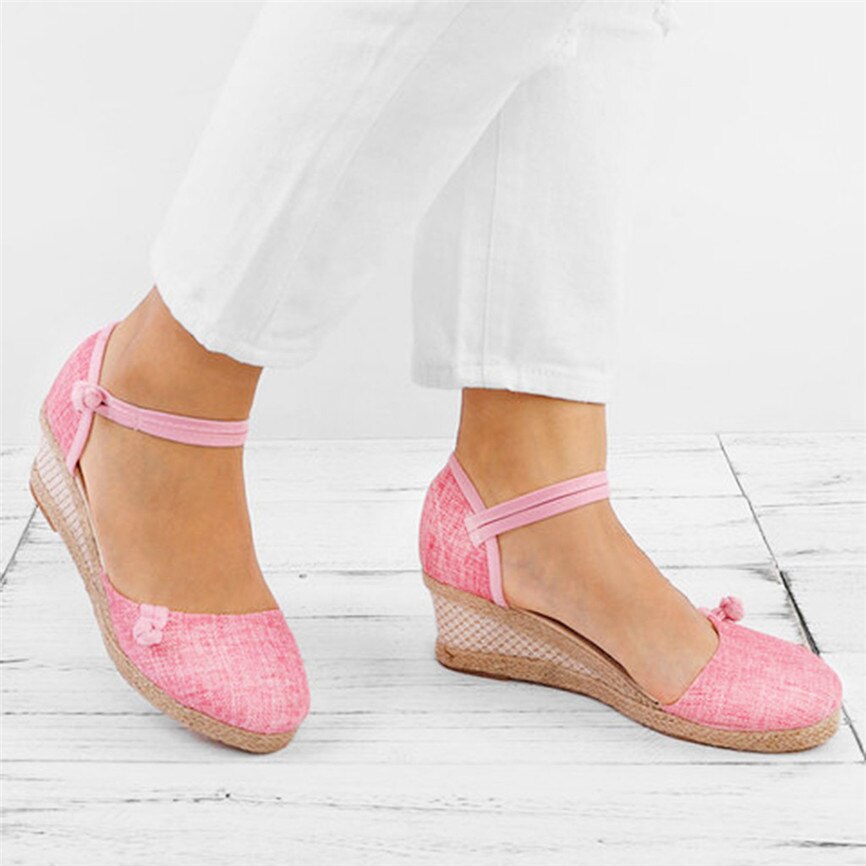 Straw Hemp Rope Sandals Women Ladies Retro Linen Canvas Wedge Round Toe Casual Sandals Singles Shoes Closed Toe Sandal