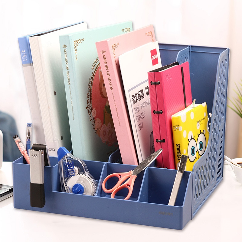 Deli Shelf Four-link Document Column Data Shelf with Pen Tube Office Receiving Box Basket Paper Book Desk Organizer File Tray