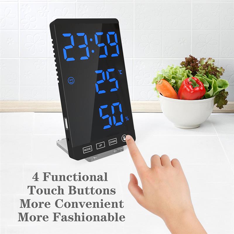 Led Mirror Alarm Clock Touch Button Wall Digital Clock Time Temperature Humidity Display Usb Output Port Table Clock