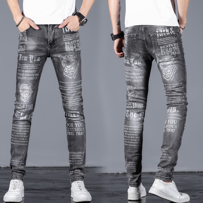 Mens Letter Leopard print Jeans Newspaper Painted Men Black Hip Hop Trousers Skinny Casual Stretch Cotton Denim Pants