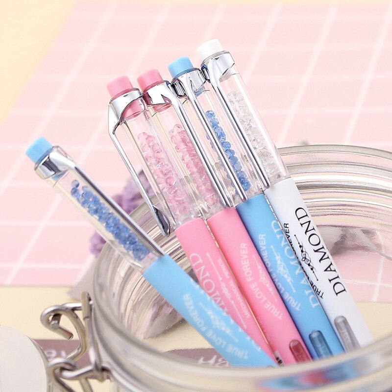 Stylo mécanique diamant mignon Kawaii, 0.5mm, crayon automatique rose blanc bleu pour enfants élèves, fournitures scolaires et de bureau