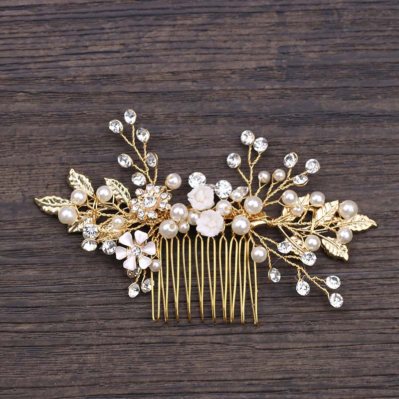 FORSEVEN Women Gold Pearl Rhinestone Hair Combs Leaf Flower Handmade Bride Headdress Wedding Bridal Head Piece Hair Ornaments JL