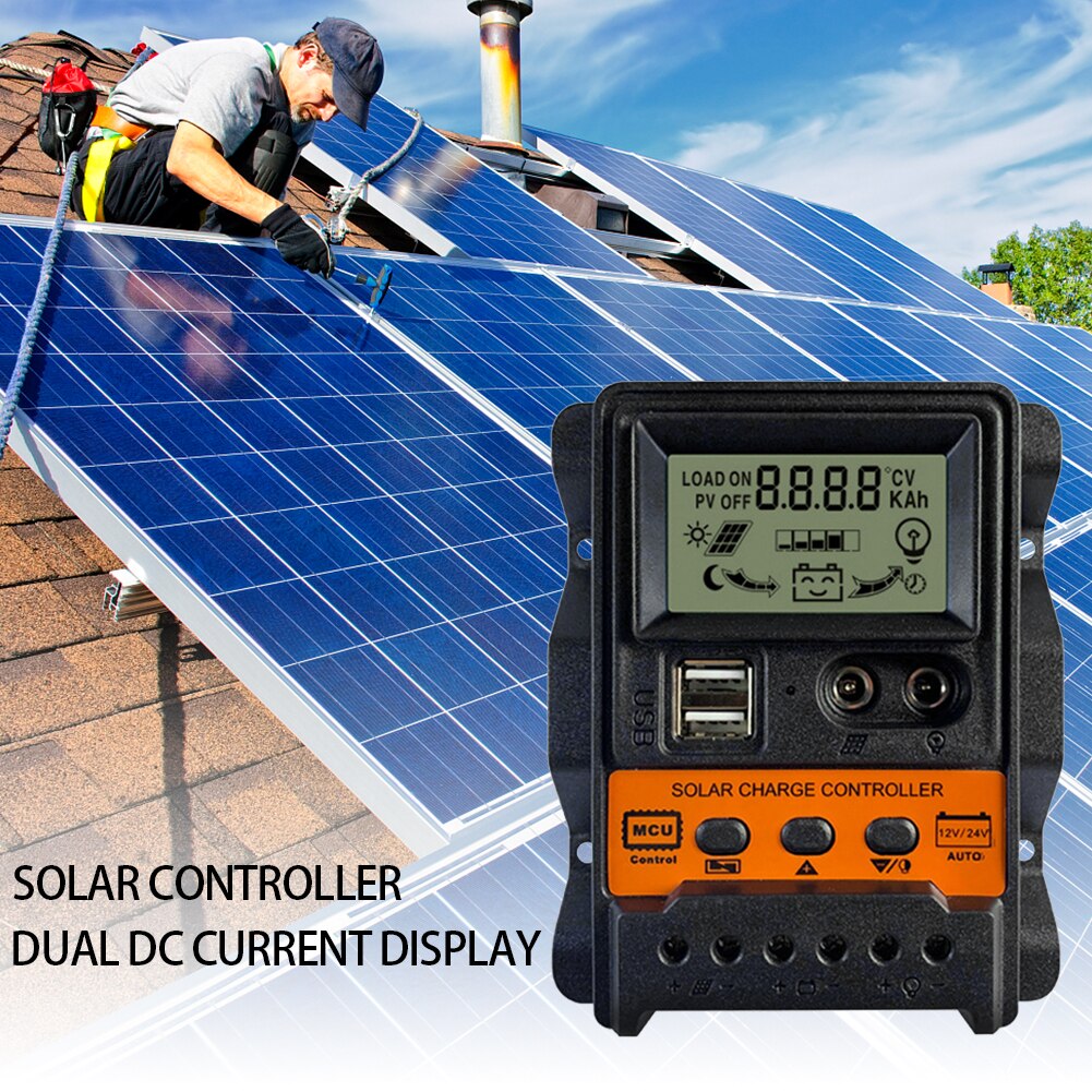 12V 24V Solar Panel Regulator Dual LCD Display Solar Charge Controller Adjustable Discharging Parameters for iPhone