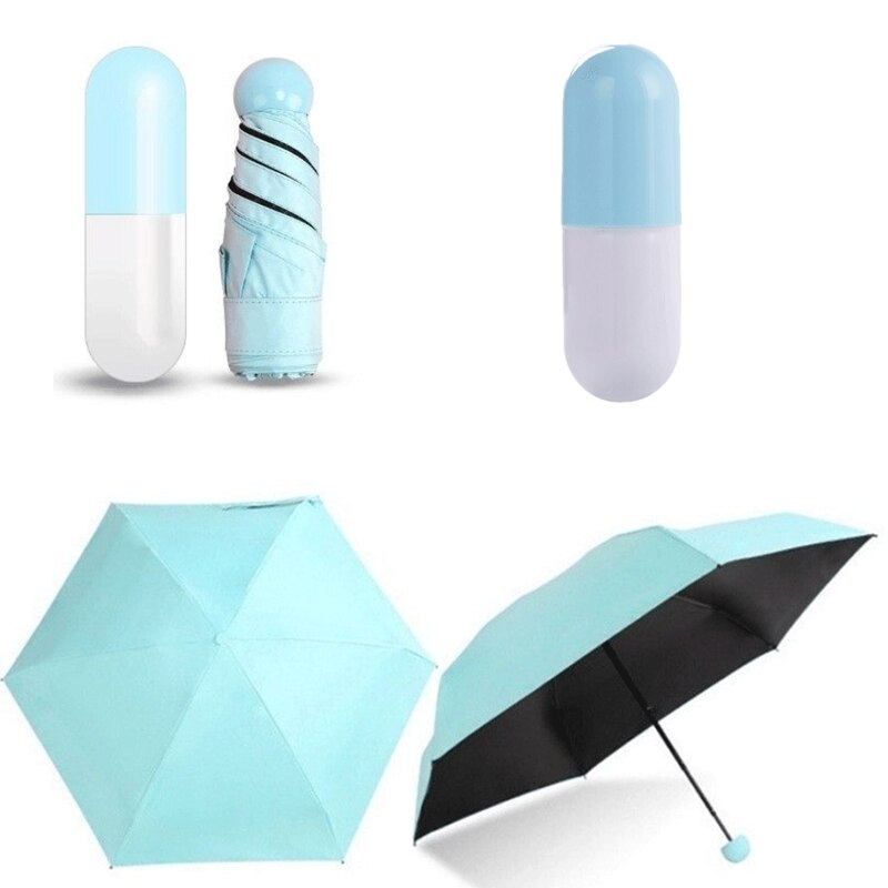 Miniparaguas plegable con caja para pastillas, sombrilla portátil de viaje, a prueba de lluvia, protección UV: Azul