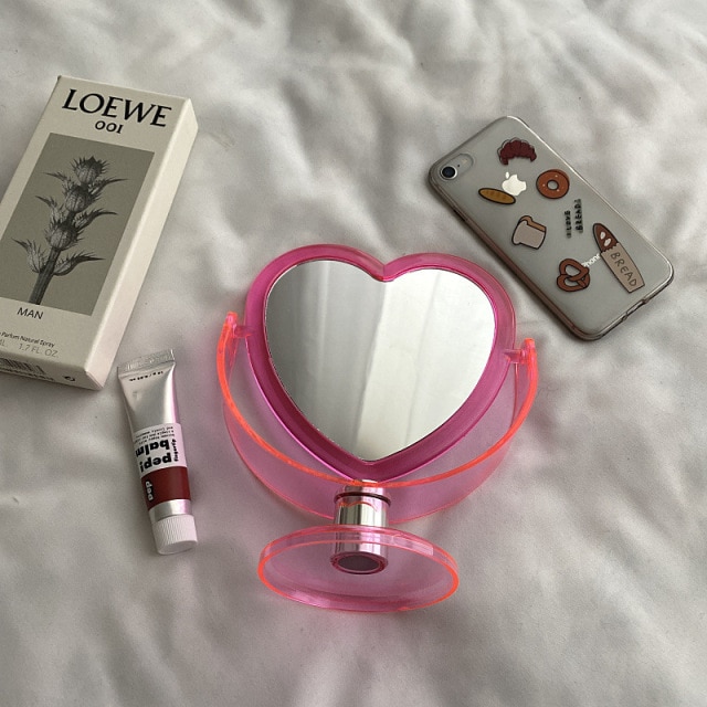 1pc Acrylic Double Side Makeup Mirror Cute Heart Shaped Cosmetic Mirror, Transparent Base Home Bedroom Desktop Make Up Mirror: Pink