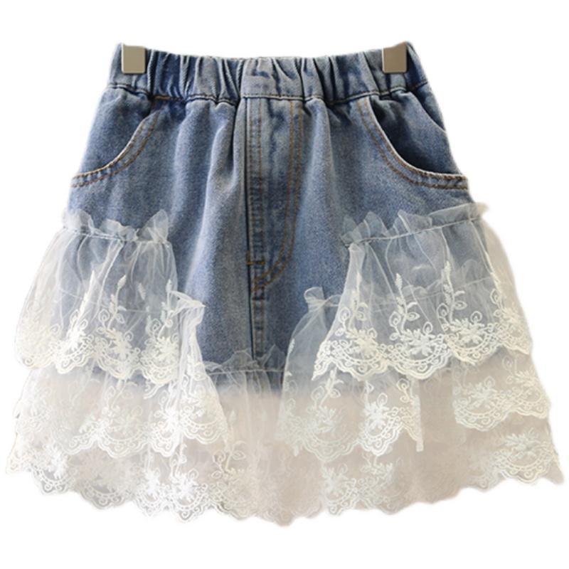 Grote Meisje Kids Kant Denim Rokken Meisje Kinderen Casual Geplooide Jeans Rok Kinderen Zomer Kleding 2 om 13 Yr: 6T Fit 120-130cm
