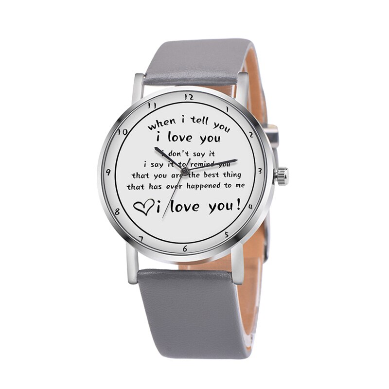 Letters Gedrukt Horloge Quartz Horloge Met Pu Lederen Band I Love U Horloge Voor Vrouwen Meisjes H9: gray