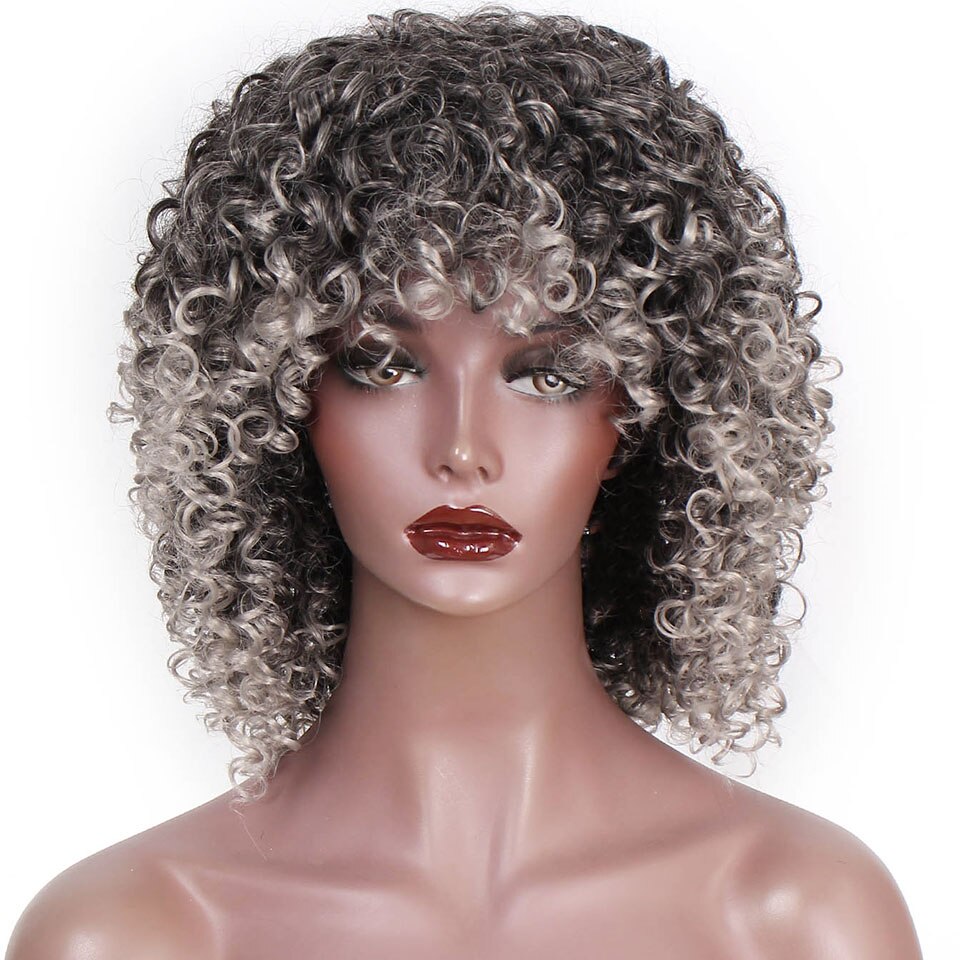 14 tommer kort afro paryk brun syntetisk kinky krøllede parykker til kvinder 10 farver ombre fluffy afrikansk amerikansk naturlig sort hår: Med pandehår -t0906