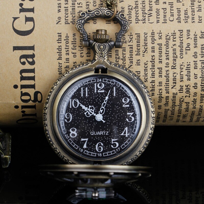 Arrvial Compass Vintage Hollow Skeleton Pocket Watch Black Starry Round Dial Antique Pendant Clock Retro Unisex