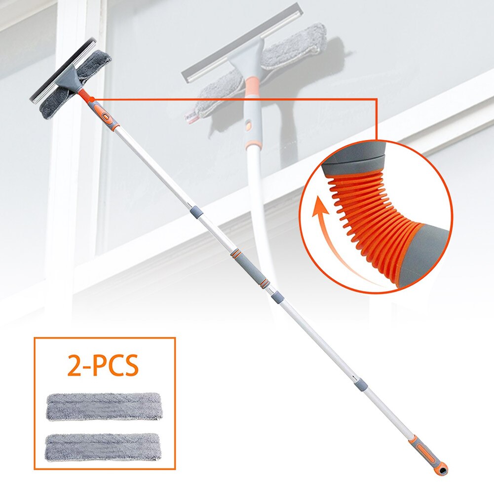 Limpiador escurridor de ventanas telescópico con poste de extensión Herramientas de limpieza para vidrio con 2 paño de lavado para interiores y exteriores TT-b: Default Title