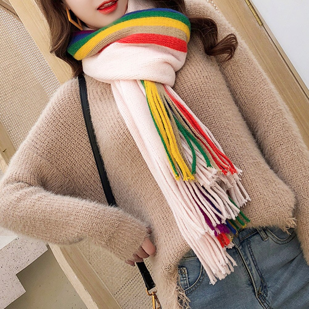Warme regenboog dames meisjes sjaals omslagdoeken kwastjes lange gebreide sjaal multifunctionele sjaal lxh: Roze