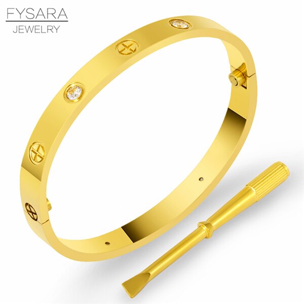 FYSARALuxury Titanium Steel Classic Crystals Cross Bangles Women Men Screwdriver Wristband Bangle Couple Gold Love Screw Bangles: Gold With Stone / inner perimeter19cm