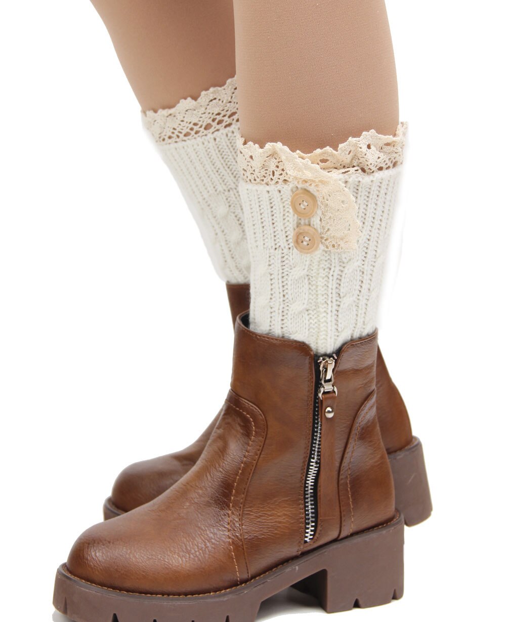 Double Button Cable Knitted Boot Cuff Short Leg Warmer Womens Boot Socks Knitted Lace Trim Boots Accessories