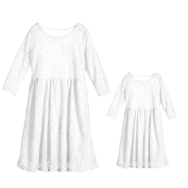 Formal Family Matching Clothes Mother Daughter Ankle-Length Dresses Womens Girls Lace Floral Long Sleeve High Waist Dresses: White / S