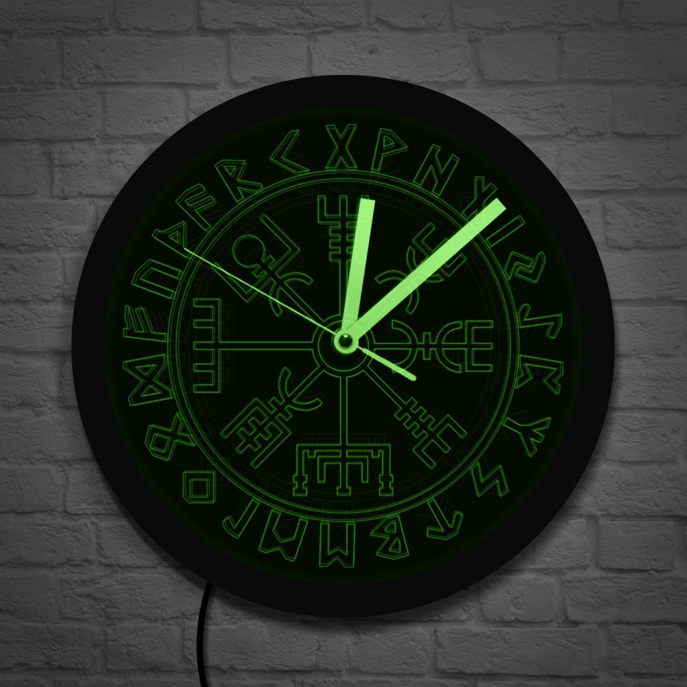 Vegvisir Compass Vikings Symbol Runes LED Neon Wall Clock Viking Scandinavian Modern Wall Clock with LED Backlight Glow in Dark