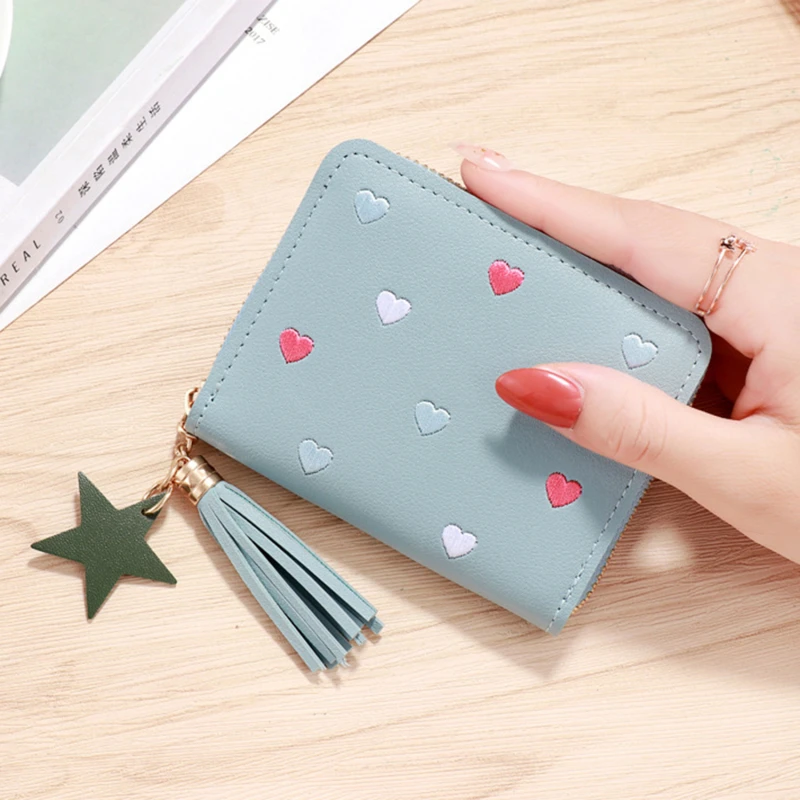 1PC Wallet Women Ladies Mini Tassel Wallets Cute Short Zipper Lovely Pu Leather Coin Purse Female Hand Wallet: Blue