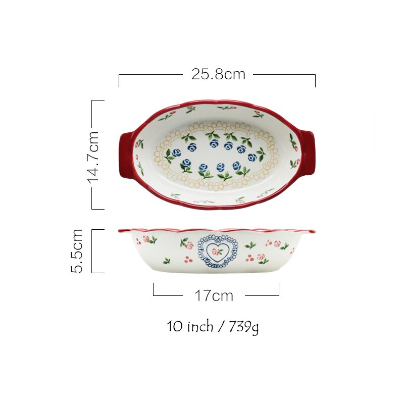 1pc Red Cherry Baking Plate Ceramic Dinner Dishes European Style Dinnerware Baking Tray Ovenware Dinner Plate: 10 inch