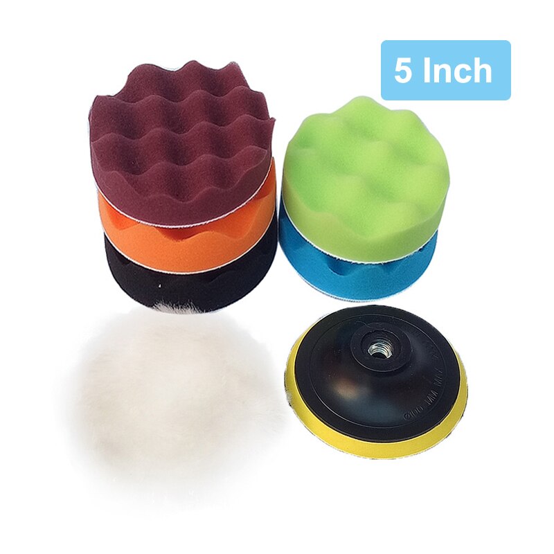 Almohadilla de pulido de esponja para coche, Kit de almohadillas de pulido de 5, 6 y 7 pulgadas, M10, M14, adaptador de taladro pulidor abrasivo de rosca, accesorio de herramientas de encerado: 5 inch