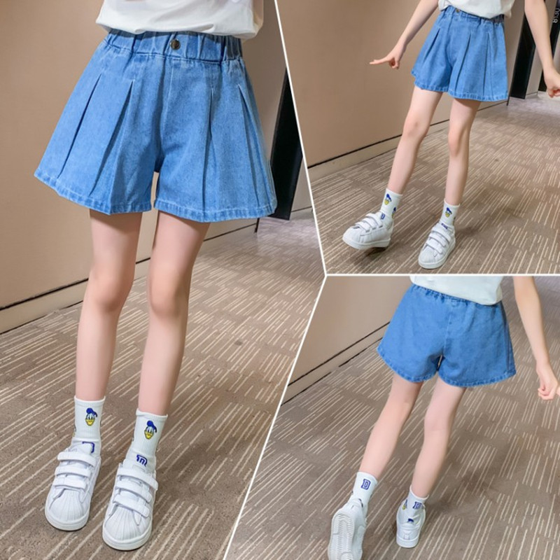 2022 Fashion New Girl Denim Culottes bambini Casual Jeans corti allentati pantaloni Teen Trend pieghettato bambini gonna allentata pantaloni 3-12 Y