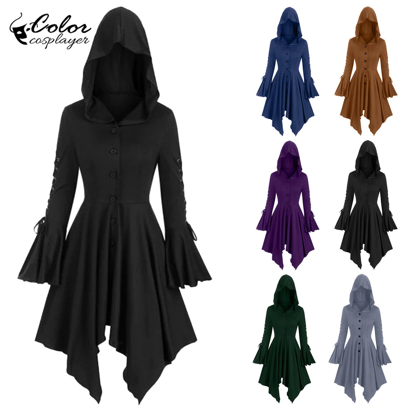Colore cosplayer con cappuccio abito medievale donna Halloween costume cosplay abito da strega gotico abito a maniche lunghe abito da vampiro