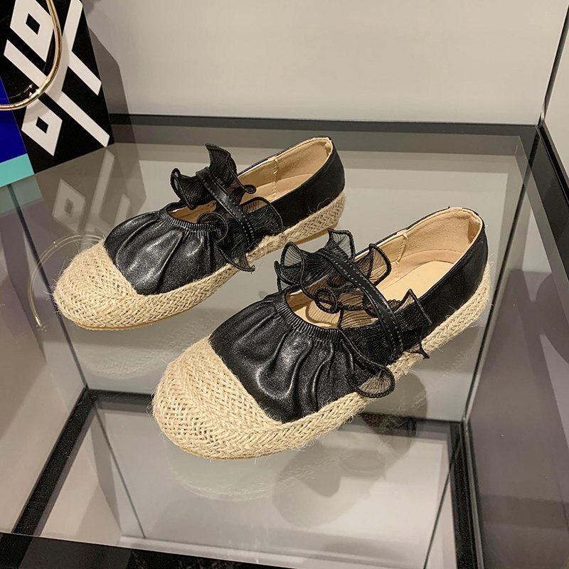 Hemp knitted cover toe flats pleated ballet shoes women preppy patchwork loafers lacework elastic band ballerina espadrilles 42