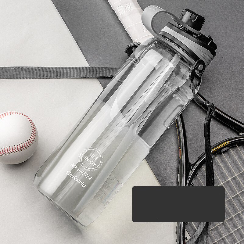 Borraccia sportiva da 2 litri di grande capacità con cannuccia acqua potabile trasparente in plastica trasparente a tenuta stagna con cinghie senza BPA: nero