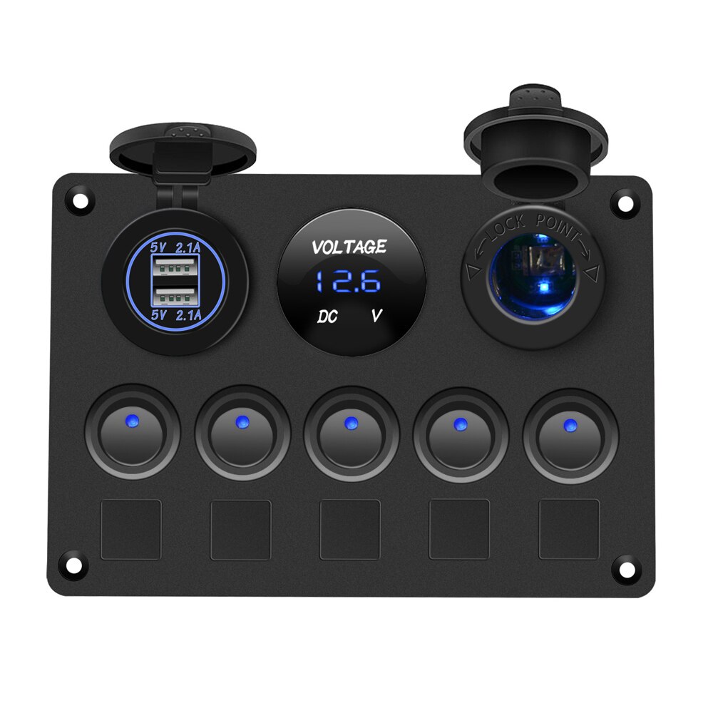 Boot Schalter Panel Auto Schalter Panel Wasserdichte Digital Voltmeter Dual USB Port 12V Outlet Kombination Marine LED Rocker 5 gang: blue