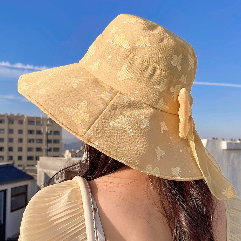 Vrouwen Zomer Zonnehoed Mode Boog Vlinder Print Zon Cap Vrouwelijke Outdoor Zon Reizen Strand Emmer Hoed: Yellow