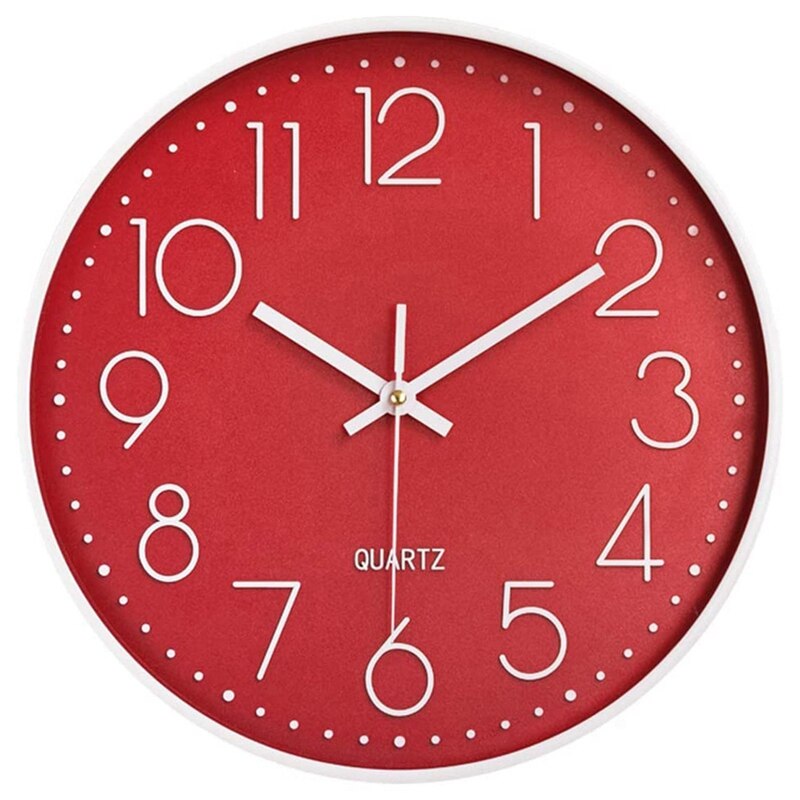 12inch Modern Wall Clock Battery Powered Silent Non Ticking Quartz Clock Easy to Read Digital Wall Clocks: Rood