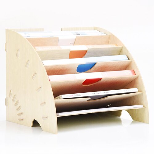 XRHYY Desktop Wooden Storage Box Office Supplies Finishing Storage Box Office File Rack Multi-Layer File Shelf A4 Data Bookshelf: Beige-3