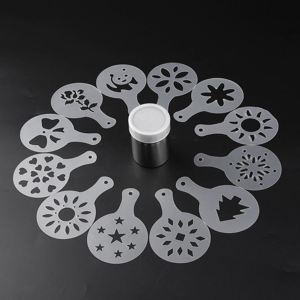 12 Stuks Rvs Chocolade Shaker Cacao Meel Koffie Zifter Koffie Stencils Template Strooit Pad Duster Spray