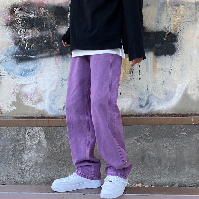 Japanese Men Jeans Purple Green Loose Straight Vintage Casual Streetwear Skateboard Dance Denim Cargo Baggy Pants