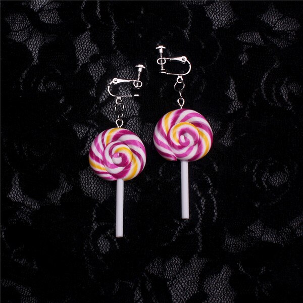 cute lollipop clip on earrings women novelty childhood sucker sugarplum sweetmeat clip earring without piercing: Purple