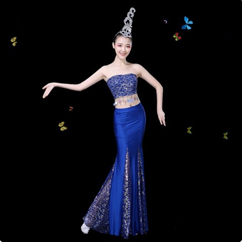 Blauw Chinese Minderheid Dans Kostuums Voor Vrouwen Pauw Danser Kleding Stage Performance Kleding Nationaliteit Kleding