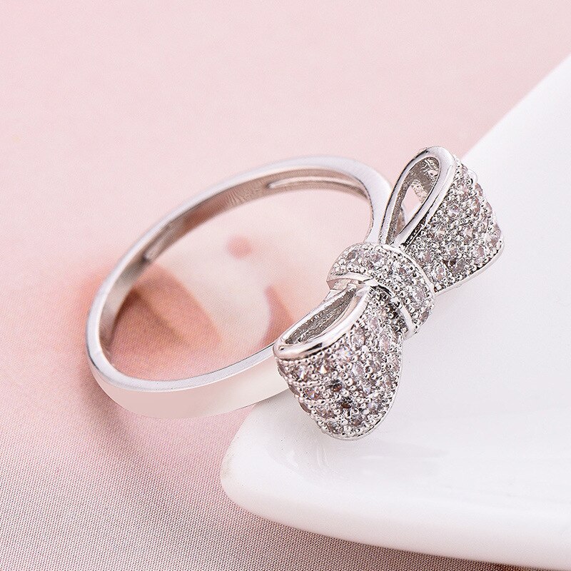 Huitan White Color Sweety Bowknot Rings With Sparkling Cubic Zircon Ring Exquisite Wedding & Engagement Rings